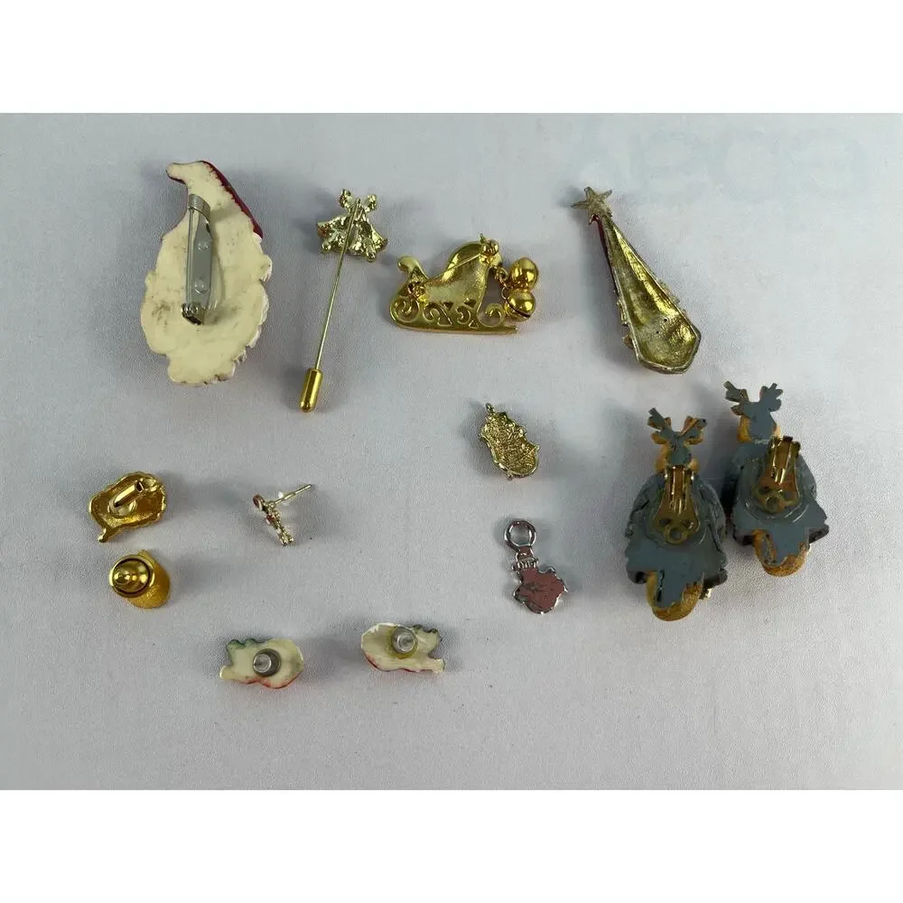 VTG Christmas Jewelry Lot Pins Brooches Earrings Pendants Craft Holidays Santa